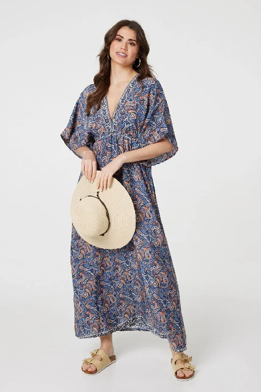 Paisley Print Kimono Sleeve Midi Dress Comfortable Lace-Up Midi Dress