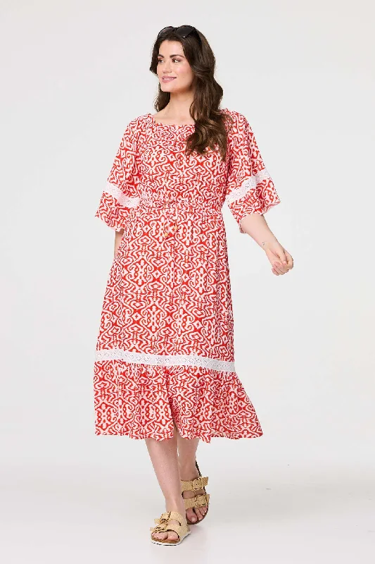 Printed Relaxed Lace Trim Midi Dress Trendy Floral Wrap Midi Dress