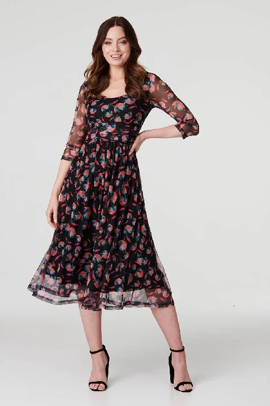 Floral Semi Sheer Ruched Midi Dress Chic Off-Shoulder Midi Dress