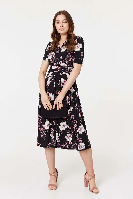 Floral 1/2 Sleeved Midi Dress Elegant Satin Midi Dress