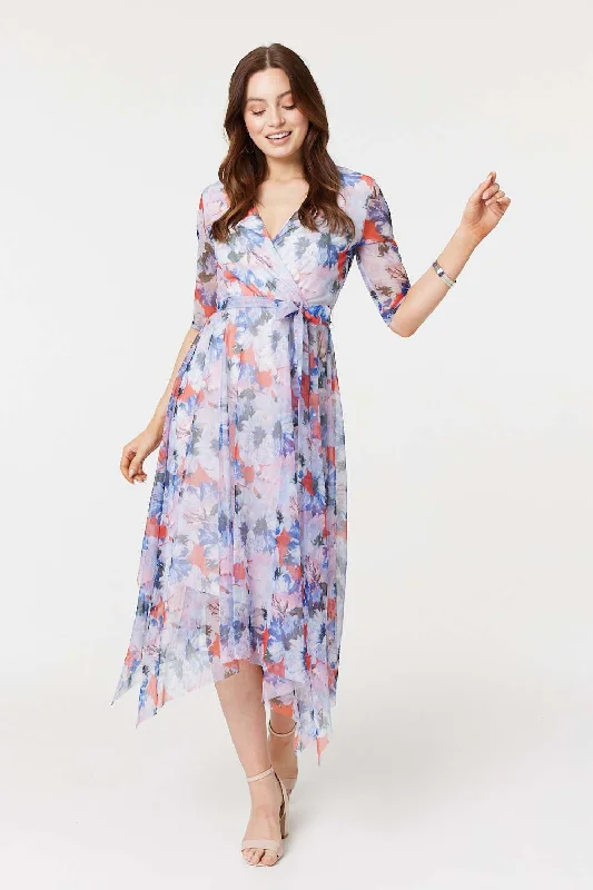 Floral Semi Sheer Layered Midi Dress Trendy A-Line Midi Dress