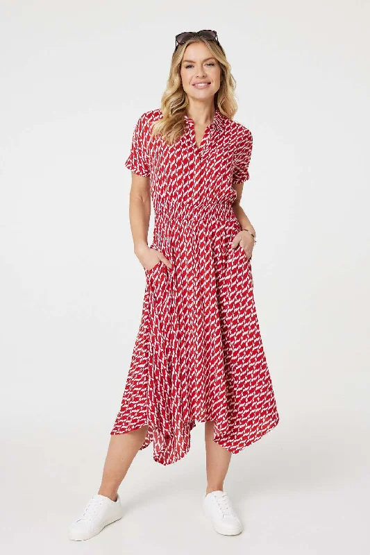 Geo Print Hanky Hem Midi Dress Elegant V-Neck Midi Dress