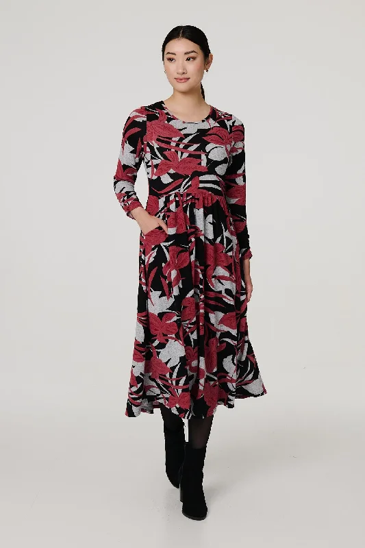 Floral Long Sleeve Pleated Midi Dress Comfortable Knitwear Midi Dress