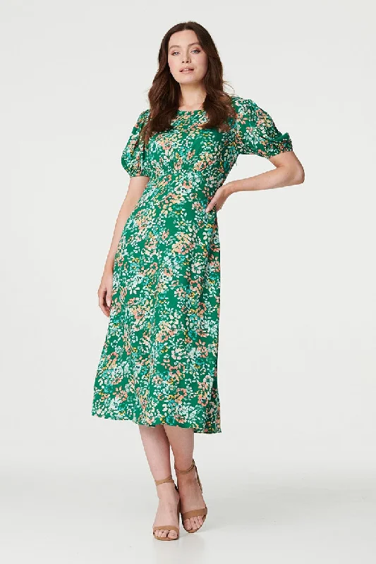 Floral Puff Sleeve Ruched Midi Dress Elegant Floral Midi Dress