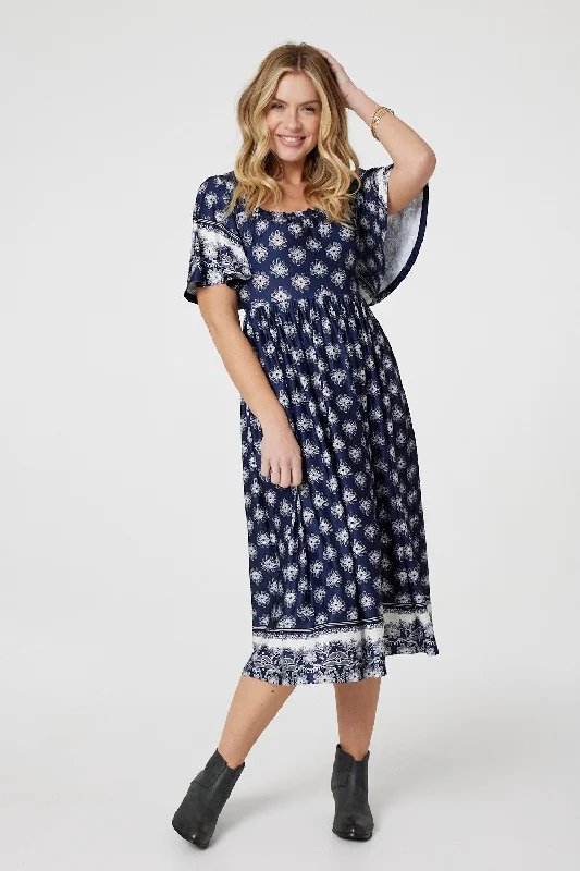 Printed 1/2 Batwing Sleeve Midi Dress Fashionable A-Line Midi Dress