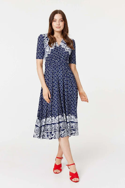 Printed 1/2 Sleeve Midi Dress Comfortable Wrap Midi Dress