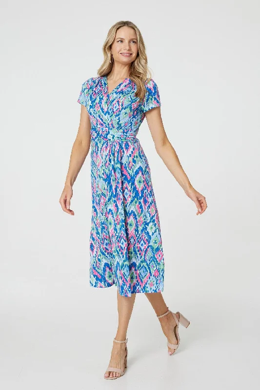 Printed Ruched Faux-Wrap Midi Dress Stylish Halter Neck Midi Dress