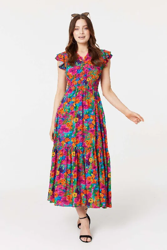 Floral Frill Cap Sleeve Midi Dress Fashionable Casual Midi Dress