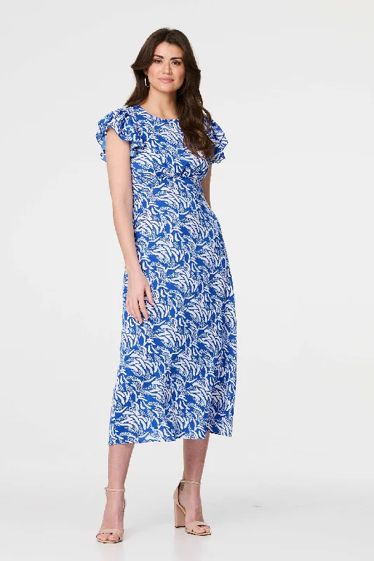 Printed Frill Cap Sleeve Midi Dress Comfortable Floral Print Midi Dress