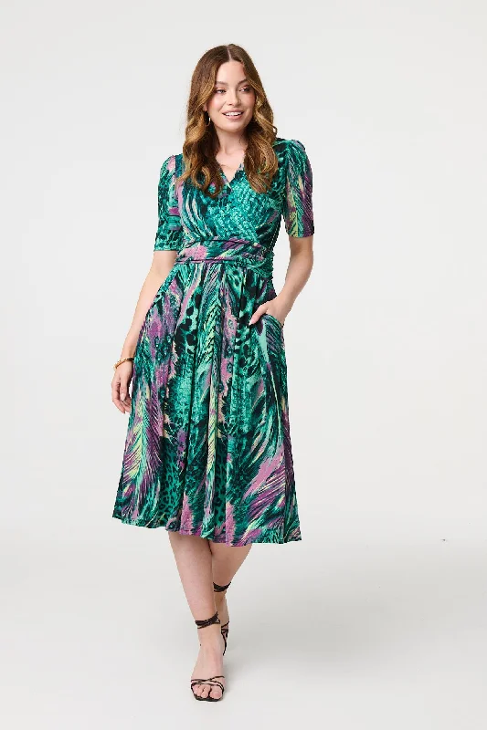 Feather Print 1/2 Sleeve Wrap Midi Dress Fashionable Fitted Midi Dress