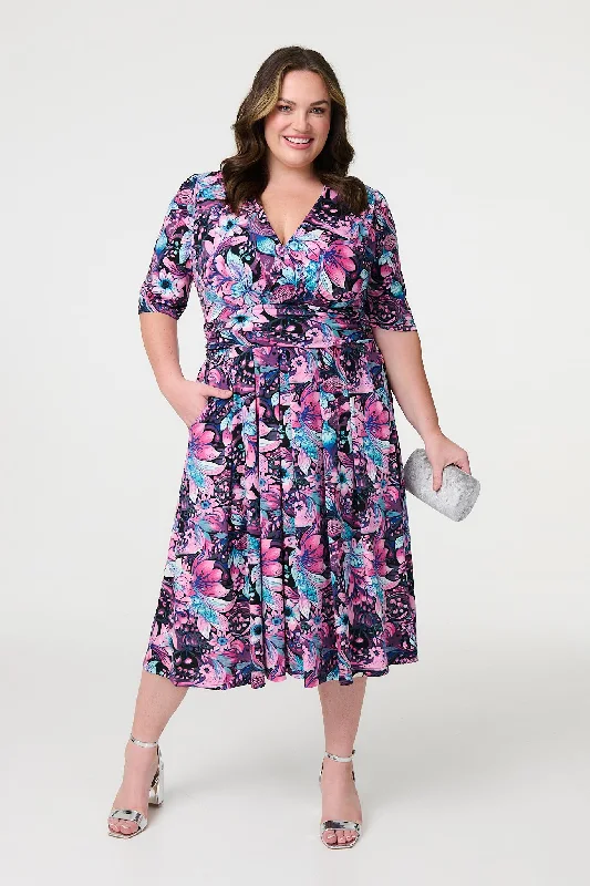 Floral Faux Wrap Front Midi Dress Elegant Floral Appliqué Midi Dress