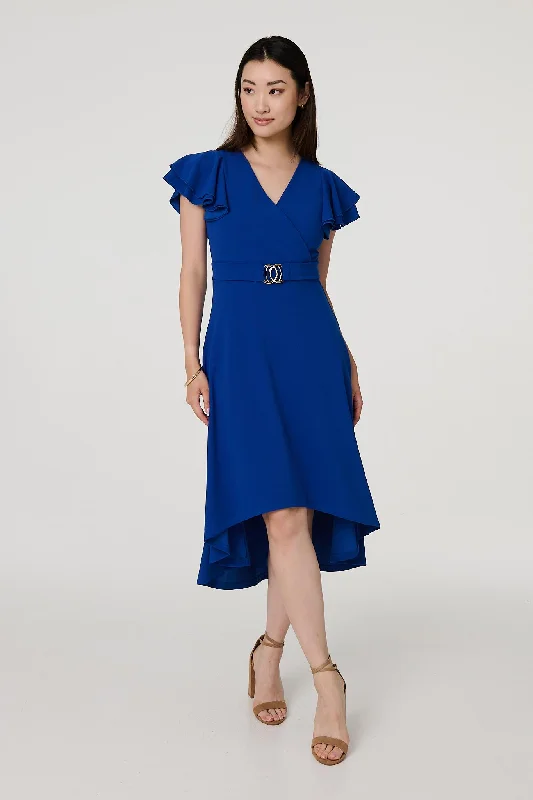 Belt Detail Frilled Sleeve Midi Dress Cozy Midi Dress with Pockets