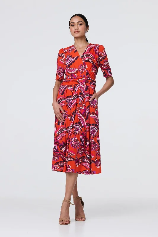 Tropical Print Faux Wrap Midi Dress Trendy Square Neck Midi Dress