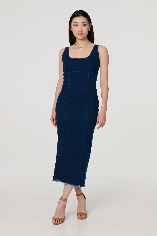 Denim Bodycon Midi Dress Comfortable Stretch Midi Dress