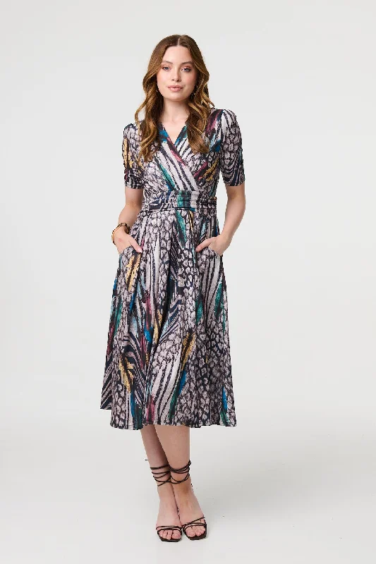 Printed Faux Wrap Front Jersey Midi Dress Elegant Pleated Detail Midi Dress