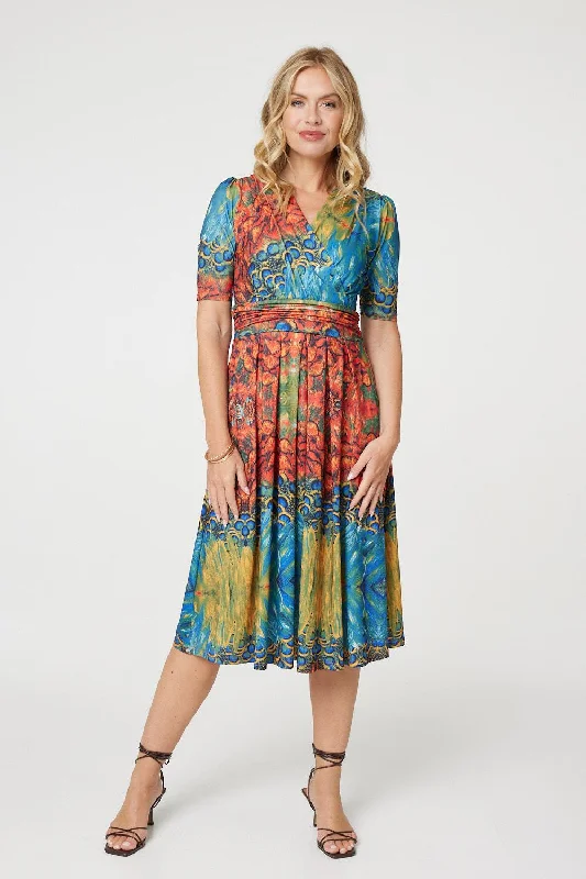 Printed Ruched Waist Faux Wrap Midi Dress Elegant Satin Slip Midi Dress