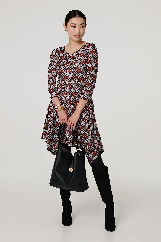 Geo Print Hanky Hem 3/4 Sleeve Midi Dress Fashionable Floral Embroidery Midi Dress