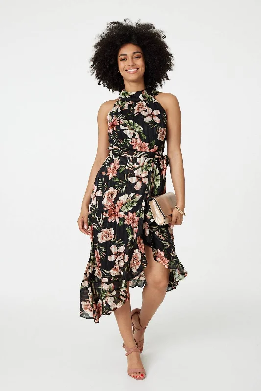 Floral Asymmetric Halter Neck Midi Dress Trendy Shift Midi Dress