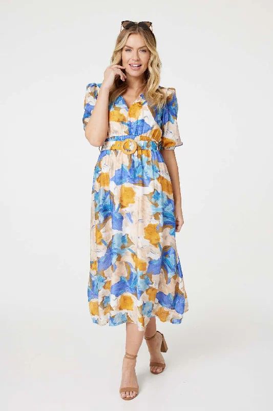 Printed 1/2 Sleeve Belted Midi Dress Stylish Cold Shoulder Midi Dress