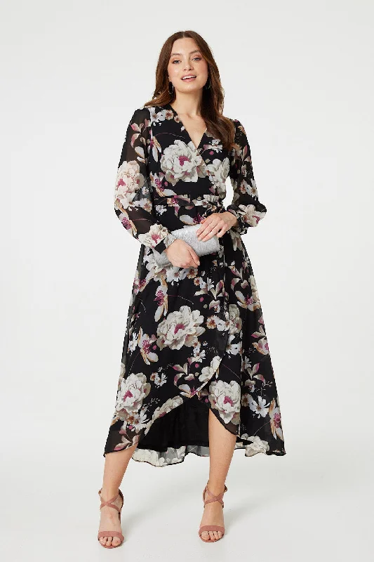 Floral Long Sleeve Tie Waist Wrap Midi Dress Fashionable High-Neck Midi Dress