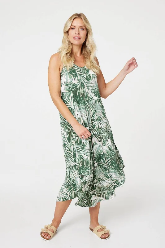 Leaf Print Hanky Hem Midi Dress Comfortable Draped Midi Dress