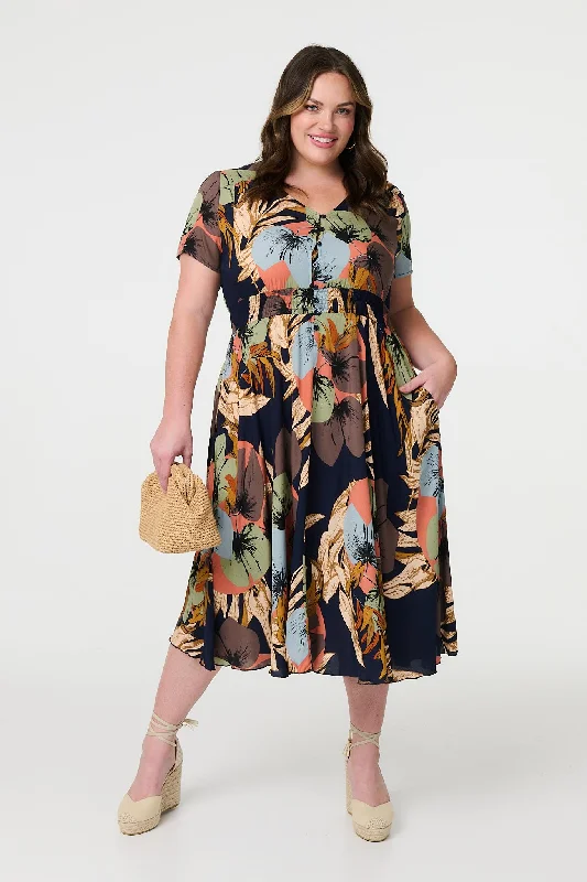 Floral Print Short Sleeve Midi Dress Stylish Color Block Midi Dress