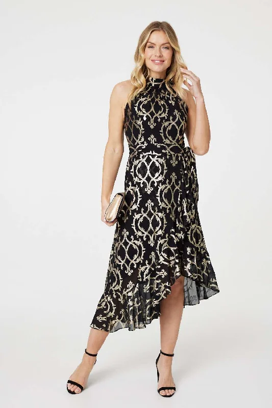 Printed High Low Halter-Neck Midi Dress Fashionable Skater Midi Dress