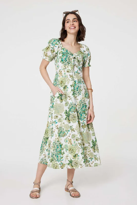 Floral Tie-Front Short Sleeve Midi Dress Comfortable Ribbed Midi Dress