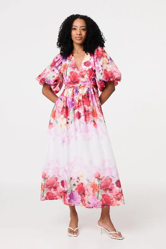 Floral Print 1/2 Angel Sleeve Midi Dress Elegant Pleated Sleeve Midi Dress