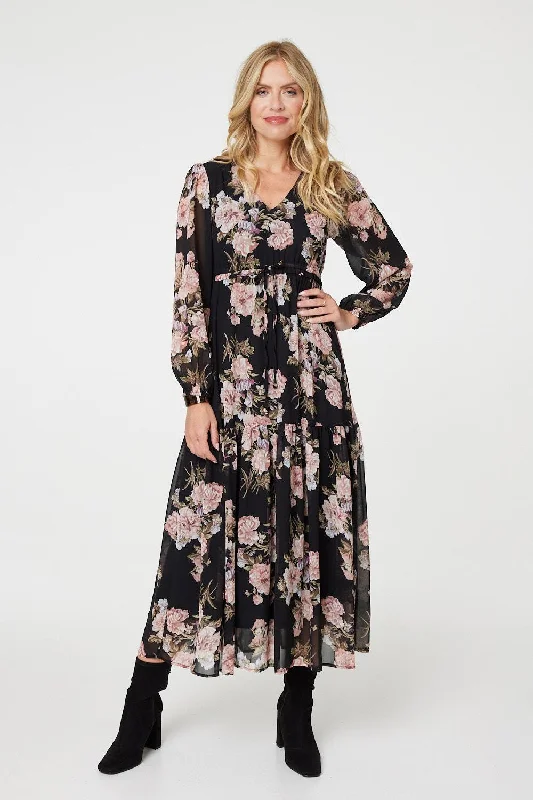 Floral Semi Sheer Empire Waist Midi Dress Elegant Maxi-Midi Hybrid Dress