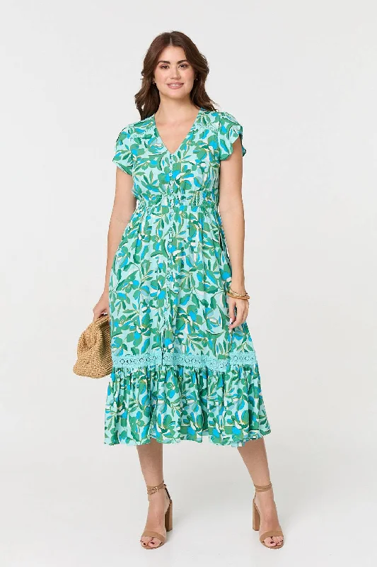 Leaf Print Cap Sleeve Lace Trim Midi Dress Stylish Tiered Midi Dress