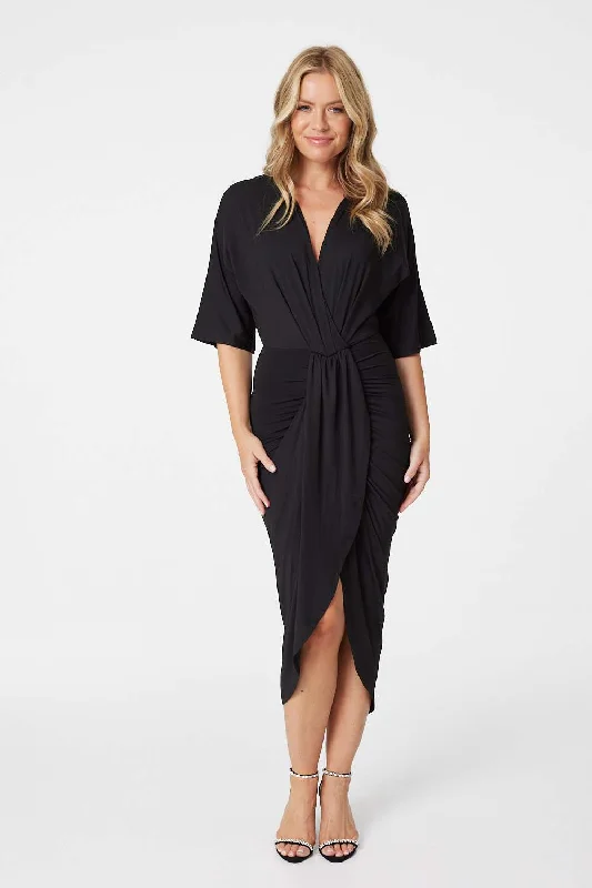 Wrap Front Draped Midi Dress Comfortable Casual Midi Dress