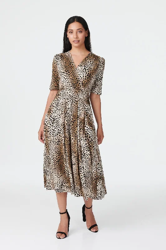 Animal Print Ruched Midi Dress Elegant Pleated Detail Midi Dress