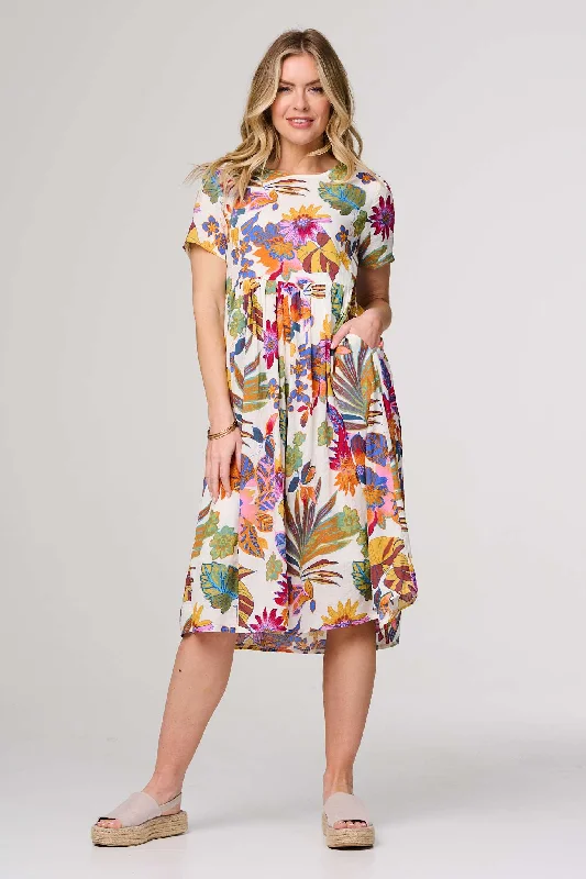 Floral Short Sleeve Relaxed Midi Dress Stylish Off-Shoulder Ruffle Dress