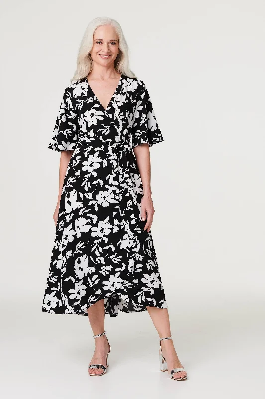 Floral Flute Sleeve Midi Dress Cozy T-shirt Midi Dress