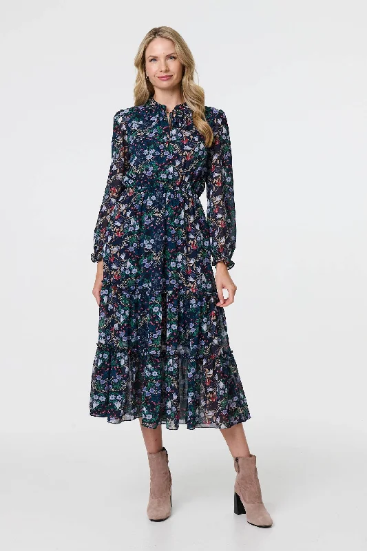 Floral Print Semi Sheer Midi Dress Trendy Midi Dress with Belt