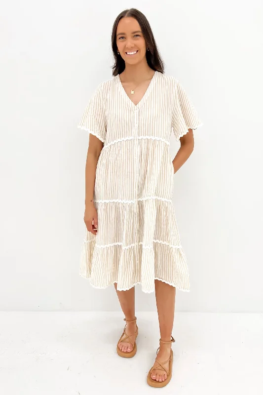 Dahlia Midi Dress Latte Stripe Fashionable Pleated Midi Dress