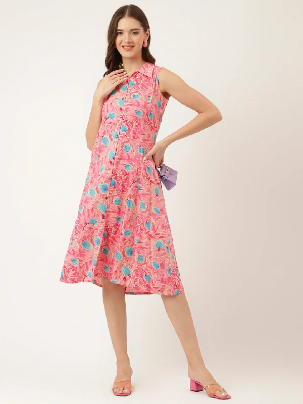 Pink Floral Print Rayon A-Line Midi Dress with Attached Sleeves for Women Fashionable Chiffon Midi Dress