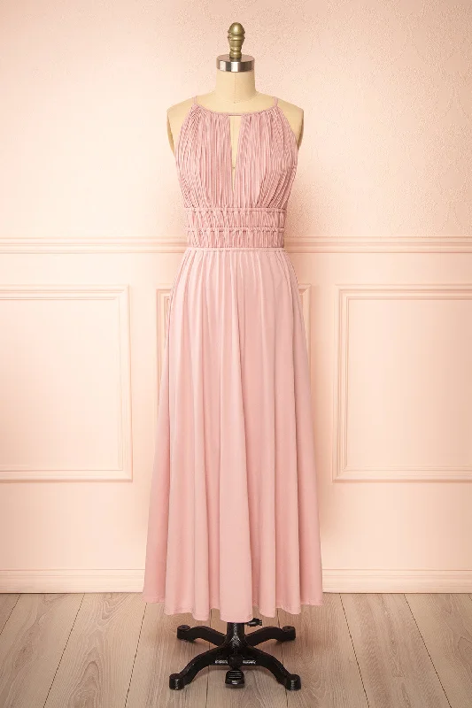 Dovie Mauve | Midi Dress w/ Pleated Bodice Elegant Puff Sleeve Midi Dress