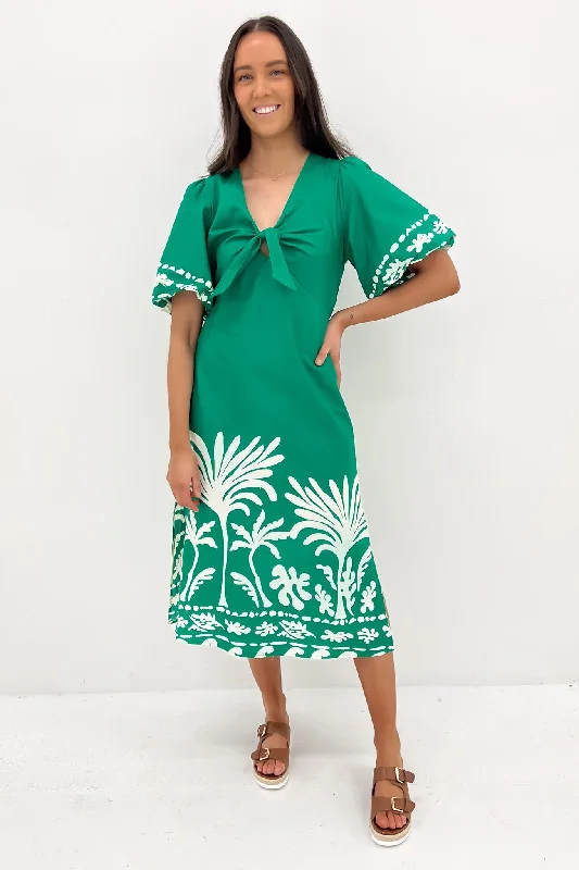 Drew Midi Dress Green White Comfortable Short Sleeve Midi Dress