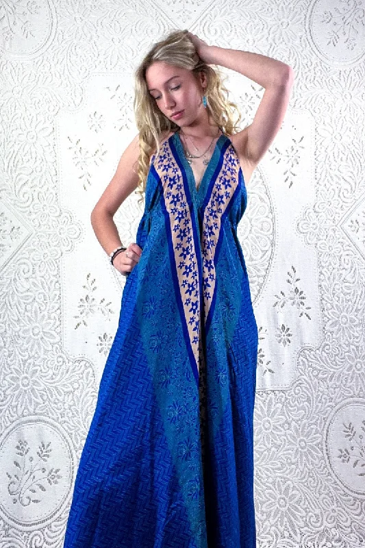 Eden Halter Maxi Dress - Vintage Sari - Dark Blue & Champagne Daisies - Free Size S/M Stylish V-Neck Maxi Dress