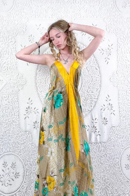 Eden Halter Maxi Dress - Vintage Sari - Lemon Yellow & Turquoise Tropical Floral - Free Size S/M Stylish Pleated A-Line Maxi Dress