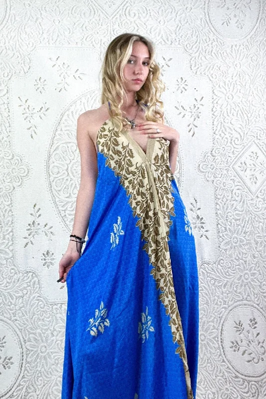 Eden Halter Maxi Dress - Vintage Sari - Majorelle Blue & Beige Leaf Print - Free Size S/M Comfortable Ruffle Maxi Dress