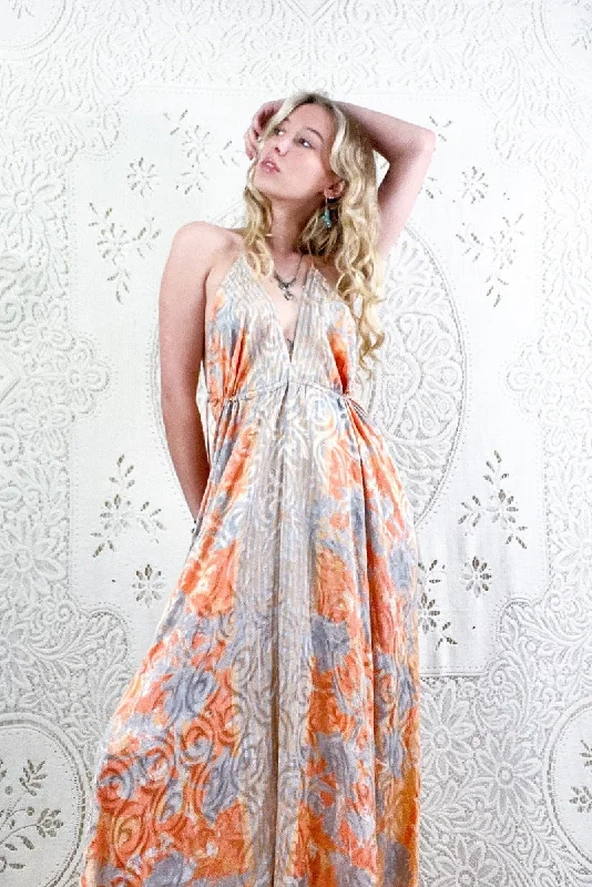 Eden Halter Maxi Dress - Vintage Sari - Peach Blush & Stone Jacquard - Free Size M/L Chic Off-Shoulder Maxi Dress