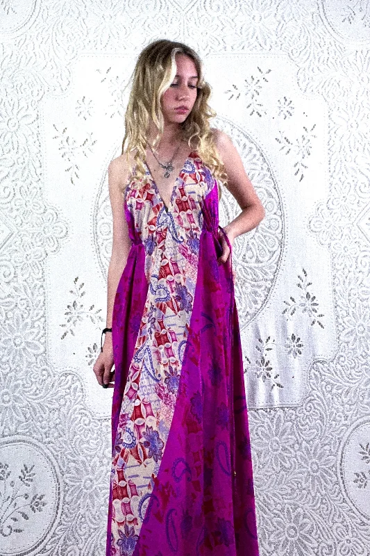 Eden Halter Maxi Dress - Vintage Sari - Psychedelic Fuchsia Paisley - Free Size S/M Cozy Cold-Shoulder Maxi Dress