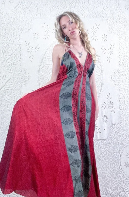 Eden Halter Maxi Dress - Vintage Sari - Sheer Ruby & Pewter Floral - Free Size S/M Trendy Maxi Dress with Bow