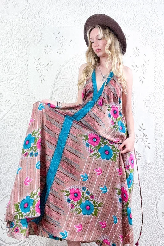 Eden Halter Maxi Dress - Vintage Sari - Tan, Turquoise & Pink Tropical Floral - Free Size M/L Elegant Tiered Maxi Dress