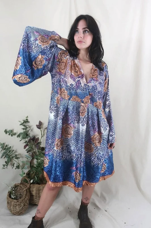 Fleur Bell Sleeve Midi Dress - Prussian Blue & Copper Roses - Vintage Sari - S - M/L Stylish Off-Shoulder Ruffle Dress Fleur Bell Sleeve Midi Dress - Prussian Blue & Copper Roses - Vintage Sari - S - M/L Stylish Off-Shoulder Ruffle Dress
