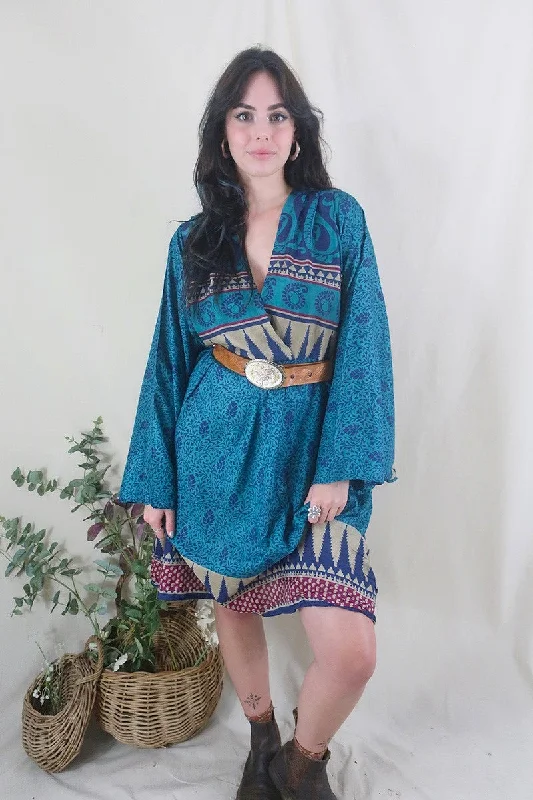 Fleur Bell Sleeve Midi Dress - Marine Blue & Gold Paisley Vines - Vintage Sari - S - M/L Stylish Satin Midi Dress Fleur Bell Sleeve Midi Dress - Marine Blue & Gold Paisley Vines - Vintage Sari - S - M/L Stylish Satin Midi Dress