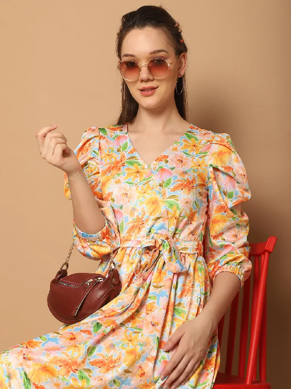 Floral Printed Puff Sleeves Midi Dress Stylish Button-Up Midi Dress